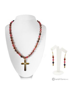 DALILA – Ensemble collier croix et boucles d’oreilles en rhodonite, rhodochrosite et hématite, fait main.
