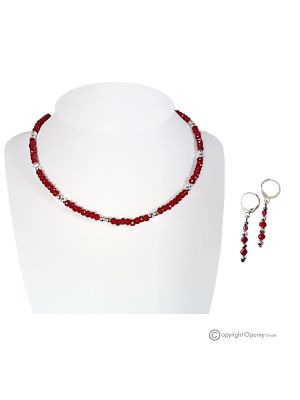 ÉLÉGANCE – Ensemble collier et boucles d’oreilles en argent fait main avec grenat rouge et hématite.