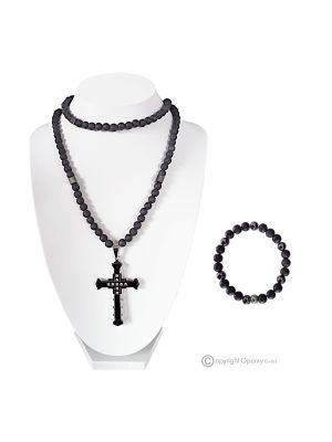 DARK – Ensemble collier et bracelet croix en pierre de lave naturelle et hématite faits à la main.