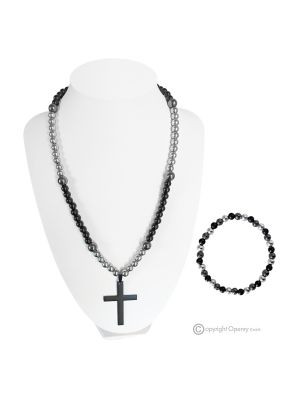 EMOTION – Ensemble collier et bracelet croix en onyx et hématite, véritable artisanat italien.
