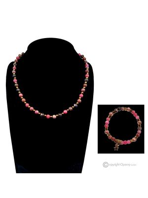 SIRIA - Ensemble collier et bracelet, rhodonite et hématite dorée, fabrication artisanale italienne faite main.