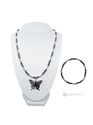 PAPILLON - Collier avec bracelet, hématite naturelle facettée et plaqué argent, fait main.