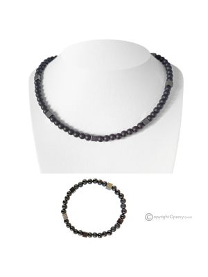 SILENCE – Ensemble collier et bracelet en agate noire et hématite naturelle opaque, véritable artisanat italien.