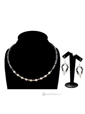 JOY – Ensemble collier et boucles d’oreilles en hématite plaquée argent et perles de rivière, fait main.