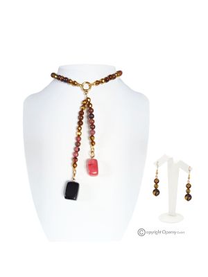 SOLEIL – Ensemble Collier et Boucles d’Oreilles en Rhodonite, Hématite, Oeil de Tigre, Quartz et Onyx, Fait Main.