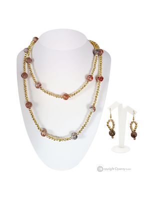 PRINTEMPS – Ensemble collier et boucles d’oreilles en hématite et jaspe doré, fabrication artisanale italienne faite à la main.