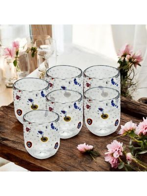 Ensemble de 6 verres en verre soufflé transparent, décorés de murrines originales de Murano, Venise.