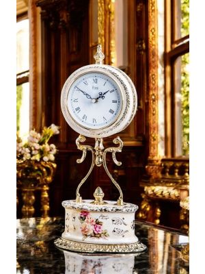 Horloge de table en céramique de haute qualité, avec détails floraux et dorés, faite à la main.