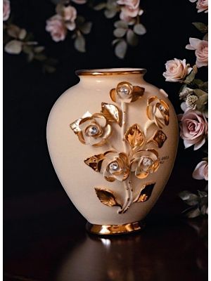 Élégant vase en céramique, avec roses, cristaux Swarovski et détails dorés, fait main.