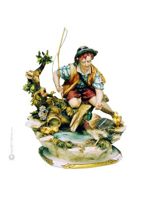 PÊCHEUR À L'ÉTANG Figurine en porcelaine de Capodimonte, artisanat Made in Italy