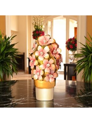 Plante en céramique artisanale décorée de fleurs, de cristaux Swarovski et de détails dorés, faite à la main.