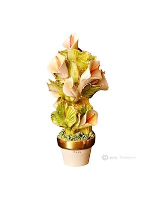 Plante artistique en céramique décorée de lys calla et de détails dorés, entièrement réalisée à la main.