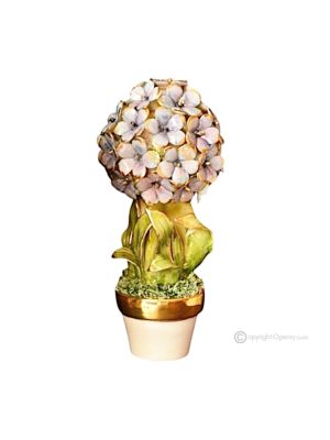 Plante artistique en céramique décorée d'hortensias et de détails dorés, réalisée entièrement à la main.