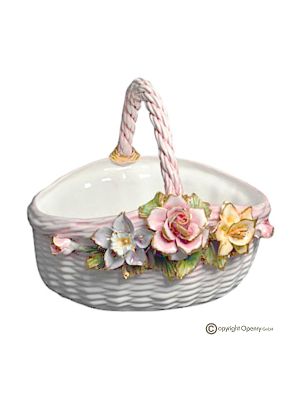 Centre de table, panier en céramique fine, décoré de fleurs et de détails dorés, fait main.