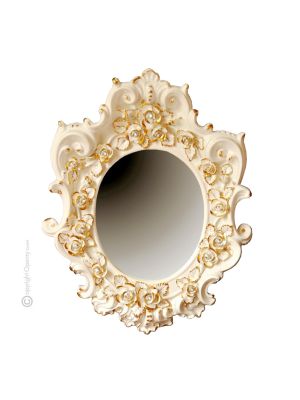 MIROIR CRISTAL ET ROSE Miroir décoratif artistique en céramique de style baroque avec détails en or 24 carats Fabriqué en Italie