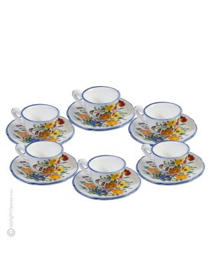 FIORACCIO POLICROMO TASSES ensemble de 6 tasses à café expresso avec soucoupes Castelli céramique faite à la main authentique Abruzzes Made in Italy