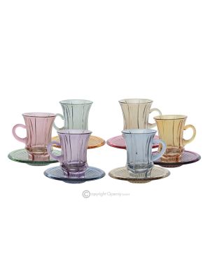 Ensemble de 6 authentiques tasses à thé et soucoupes modernes peintes à la main en verre de qualité supérieure.