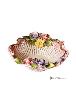 Panier en céramique artistique de style baroque, avec marguerites et détails dorés, fait à la main