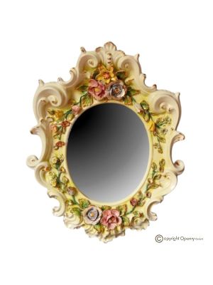 Miroir en céramique fine, de style baroque, décoré de fleurs et de détails dorés, fait main