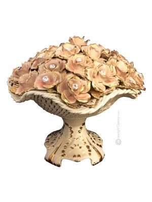 Décoration de table artistique en céramique de style baroque ROSES avec détails en or 24 carats Fabriqué en Italie