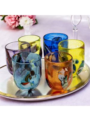 Ensemble de 6 verres en cristal coloré, verre soufflé, original de Murano, Venise.