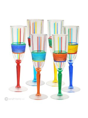 BRILLANTE Ensemble de 6 flûtes authentiques peintes à la main en verre de qualité supérieure.