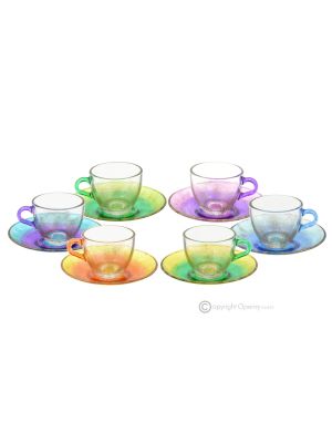 ARCOBALENO Ensemble de 6 tasses à expresso et soucoupes peintes à la main en verre de qualité supérieure.