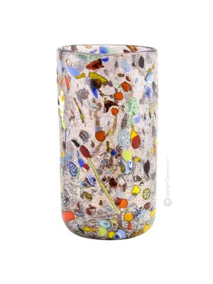 VASE ARLECCHINO authentique verre soufflé de Murano avec Murrine et feuille d'argent 925 fait main Made in Italy