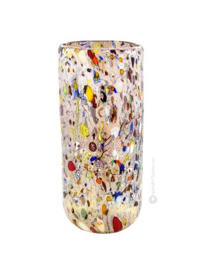 VASE ARLECCHINO authentique verre soufflé de Murano avec Murrine et feuille d'argent 925 fait main Made in Italy