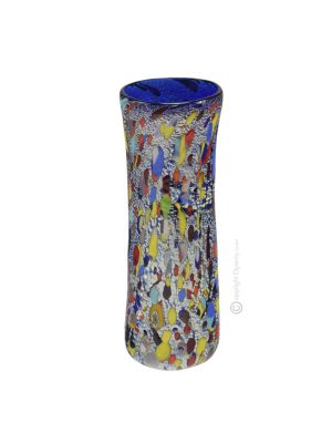 VASE ARLECCHINO authentique verre soufflé de Murano avec Murrine et feuille d'argent 925 fait main Made in Italy