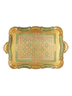 GOLDEN TRAY GREEN CARPET Plateau en bois décoré d'or et de vert peint à la main fabriqué en Italie