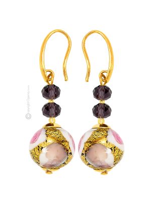 BOUCLES D'OREILLES EN MARBRE bijoux fantaisie artistiques perles de verre de Murano avec or 18 carats authentique fait à la main Made in Italy