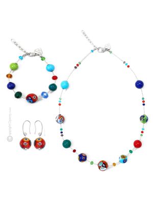 PARURE MILLEFIORI parure de bijoux artistiques collier collier bracelet boucles d'oreilles perles en verre de Murano fait à la main authentique Made in Italy