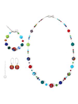 PARURE MILLEFIORI parure de bijoux artistiques collier collier bracelet boucles d'oreilles perles en verre de Murano fait à la main authentique Made in Italy