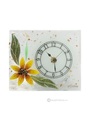 TOURNESOL - Horloge de table en verre transparent feuille d'or 24 carats, design floral, fait main