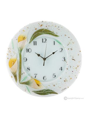 CALLA Horloge murale, verre artistique décoré en relief floral, fait main