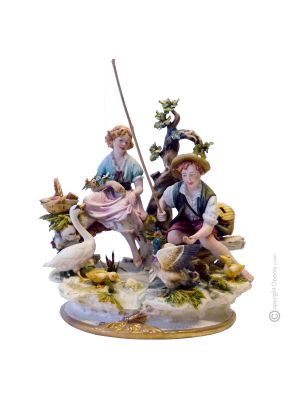 GARÇONS PÊCHANT DANS L'ÉTANG Figurine en porcelaine de Capodimonte, artisanat Made in Italy