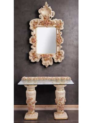 Miroir avec table en céramique, avec roses, cristaux Swarovski et détails dorés.