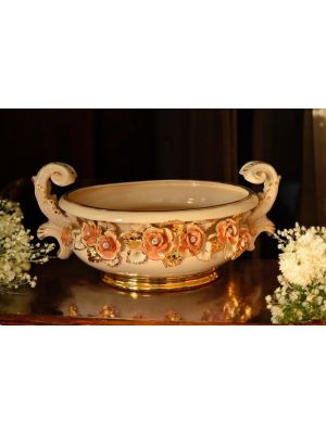 Vase en céramique, porte-plante, décoré de roses, de cristaux Swarovski et de détails dorés.