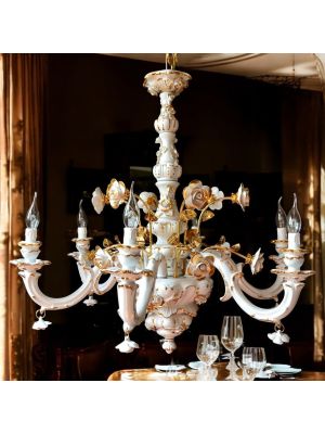 Lampe à suspension, en céramique à 6 flammes, avec roses, cristaux et or, faite à la main.