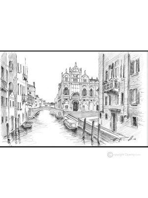 ÉCOLE GRANDI S. MARCO - VENISE Dessin au crayon sur carton moderne Fabriqué en Italie 
