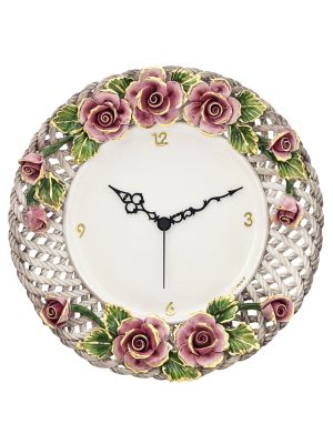PINK CLOCK Horloge murale artistique en céramique de style baroque, authentique faite et peinte à la main Made in Italy