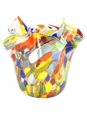 FAZZOLETTO TACHES FILS NOIR Pièce maîtresse Vase en verre de Murano Feuille d'or Venise Fait main