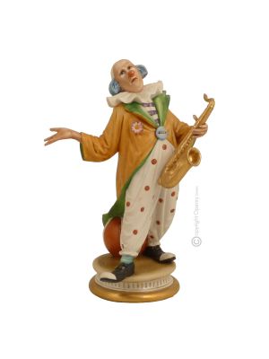 CLOWN AVEC SAXOPHONE Statue Statue Capodimonte Porcelaine Faite à la Main Fabriqué en Italie