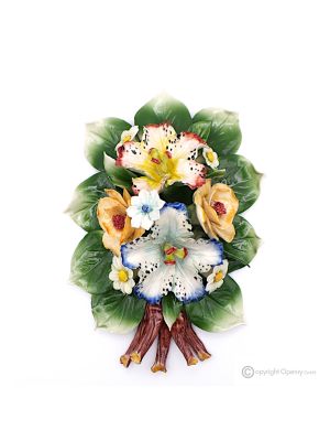 ROSES ORCHIDÉES Branche à accrocher au mur, porcelaine fine de Capodimonte, faite main